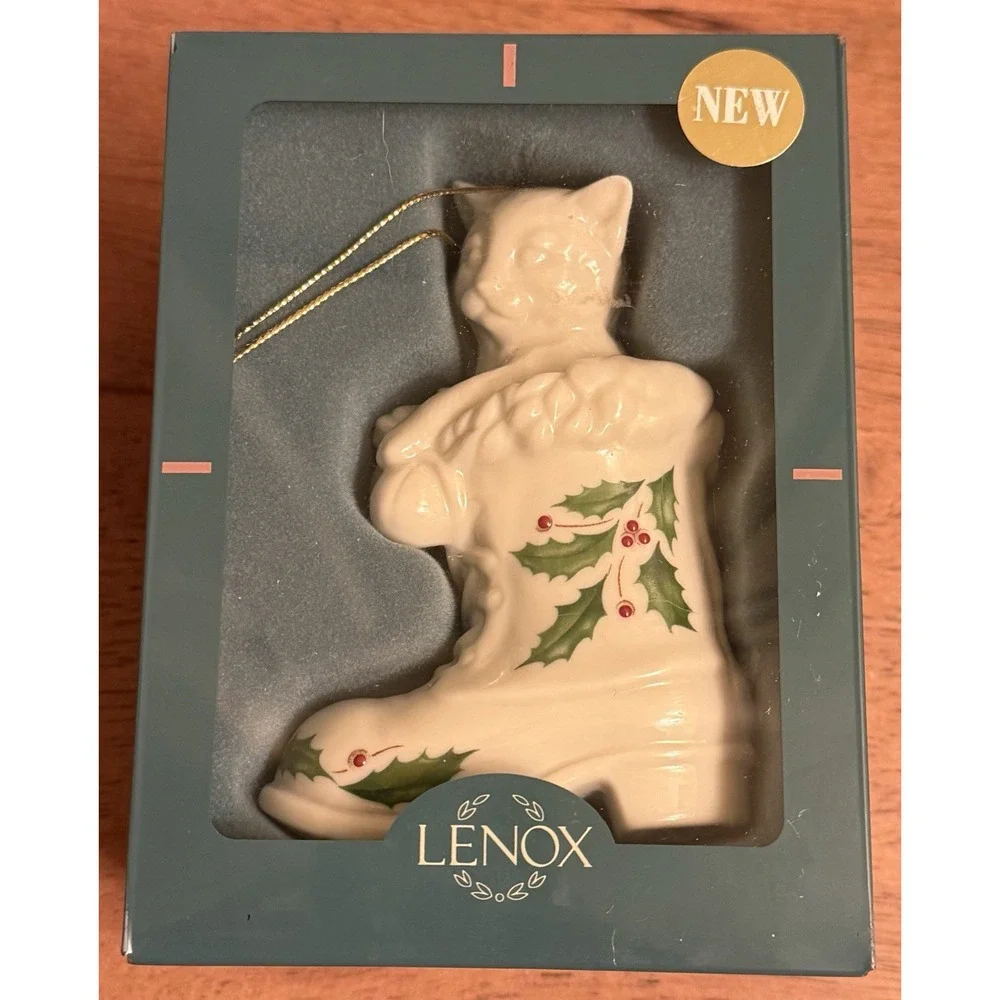 Lenox Cat in Santa Winter Boot‎ Porcelain Ornament Vintage 1997